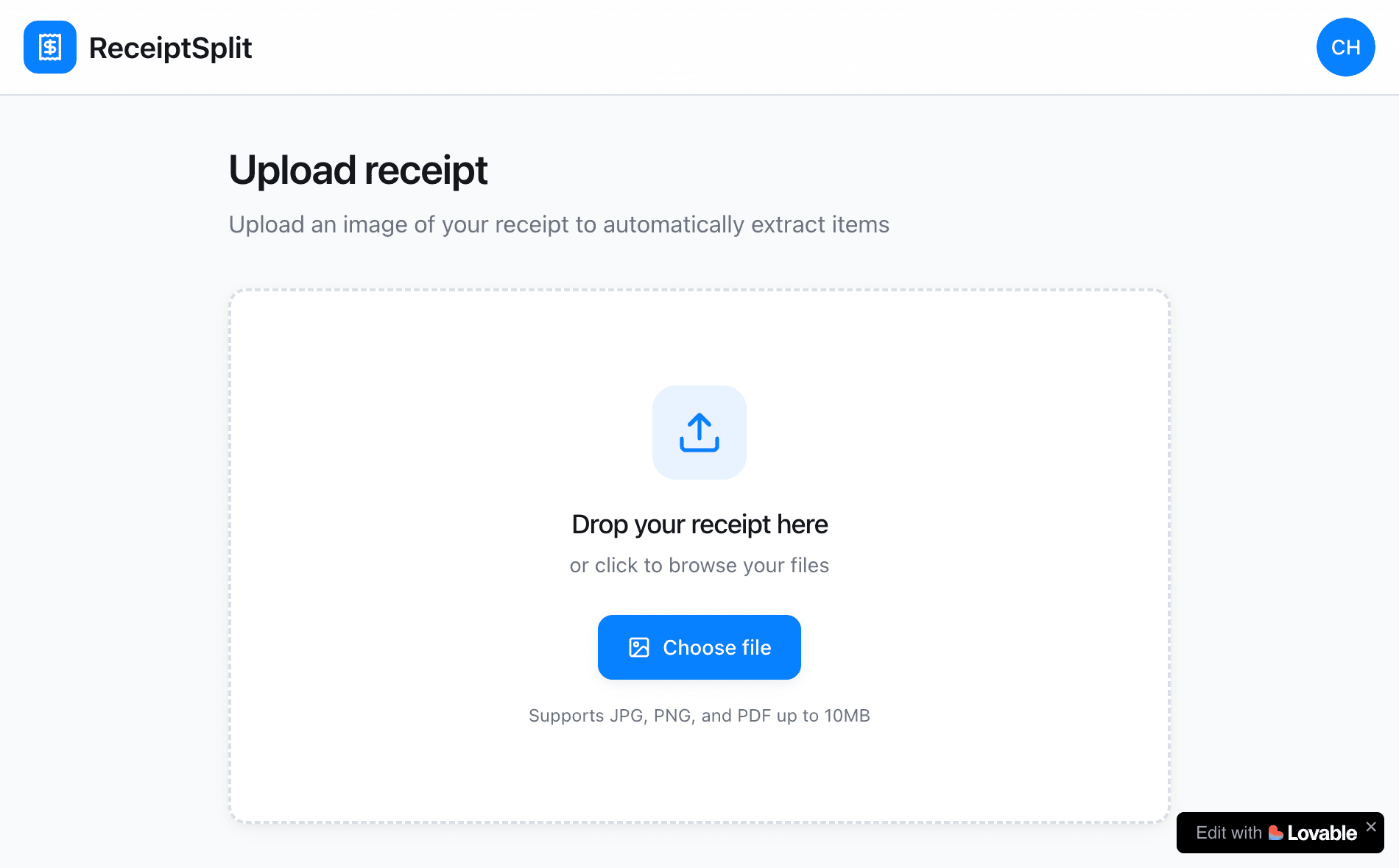 ReceiptSplit upload receipt page
