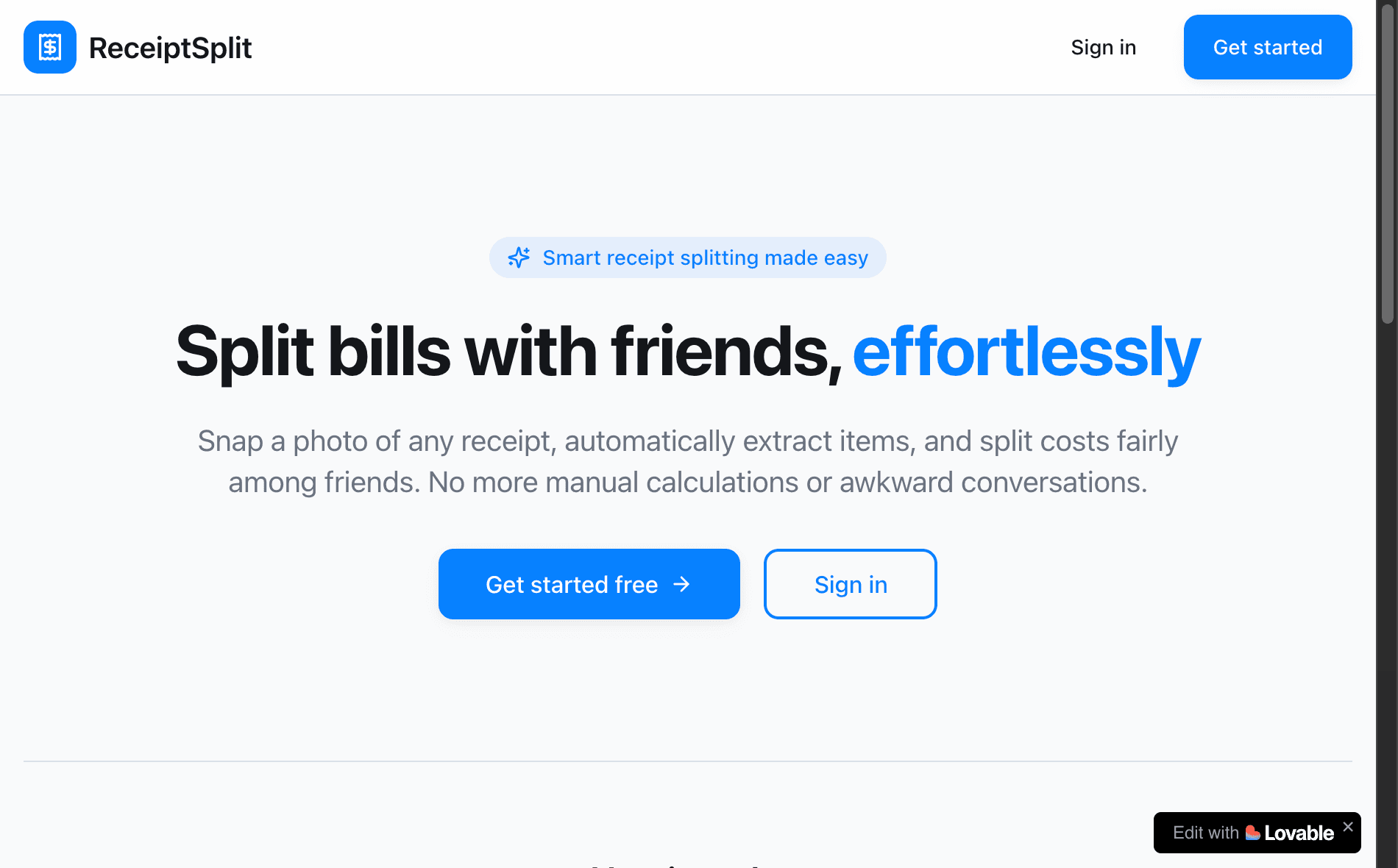 ReceiptSplit landing page
